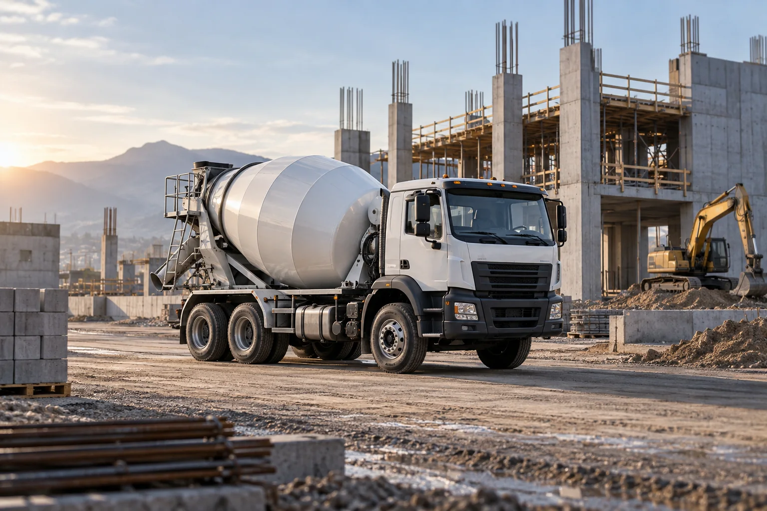 Illustrative scene of a concrete mixer at a construction site