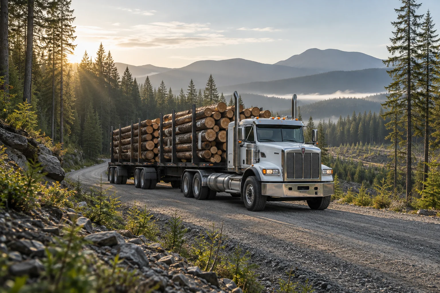 Illustrative scene of a logging truck on a forest road